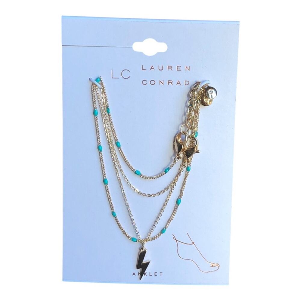 LC Lauren Conrad NIP Gold Tone Four Strand Lightening Bolt Green Bead Anklet